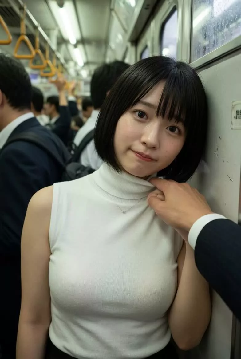 電車でおっぱいを出す美少女