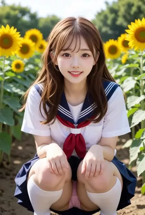 ひまわり畑での恥じらい